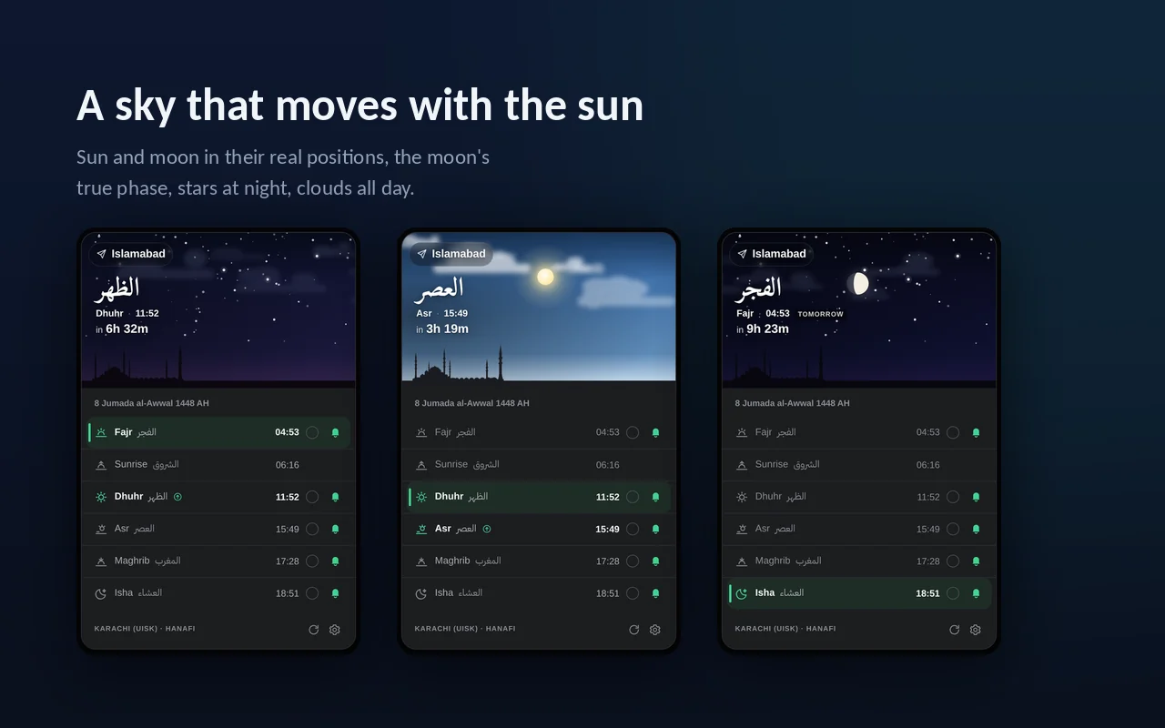 Settings page with city search, calculation method and minute offsets